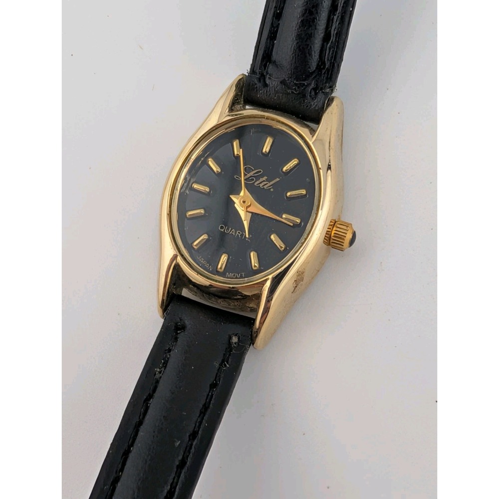 Vintage Ltd Women's Watch 19mm Gold Case Black Leather Band- New Battery